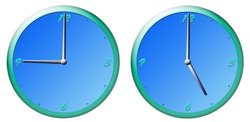 Two Clocks Showing 9 AM and 5 PM Respectively